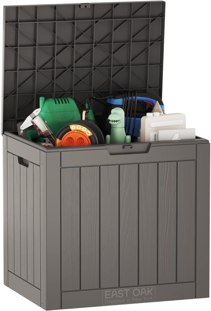 EAST OAK Deck Box, 31 Gallon Indoor and Outdoor Storage Box with Padlock for Patio Cushions, Outdoor Toys, Gardening Tools, Sports Equipment, Waterproof and UV Resistant Resin, Grey EAST OAK Deck Box, 31 Gallon Indoor and Outdoor Storage Box with Padlock for Patio Cushions, Outdoor Toys, Gardening Tools, Sports Equipment, Waterproof and UV Resistant Resin, Grey
