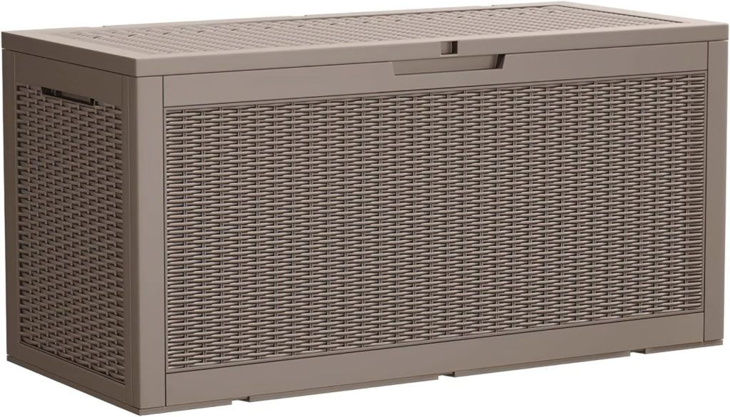 Devoko 100 Gallon Waterproof Large Resin Deck Box Indoor Outdoor Lockable Storage Container for Patio Furniture Cushions, Toys and Garden Tools (100 Gallon, Light Brown) Devoko 100 Gallon Waterproof Large Resin Deck Box Indoor Outdoor Lockable Storage Container for Patio Furniture Cushions, Toys and Garden Tools (100 Gallon, Light Brown)